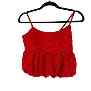 Pants Store Top Size S Red Floral Crop Tank Bubble Hem Spaghetti Strap Preppy